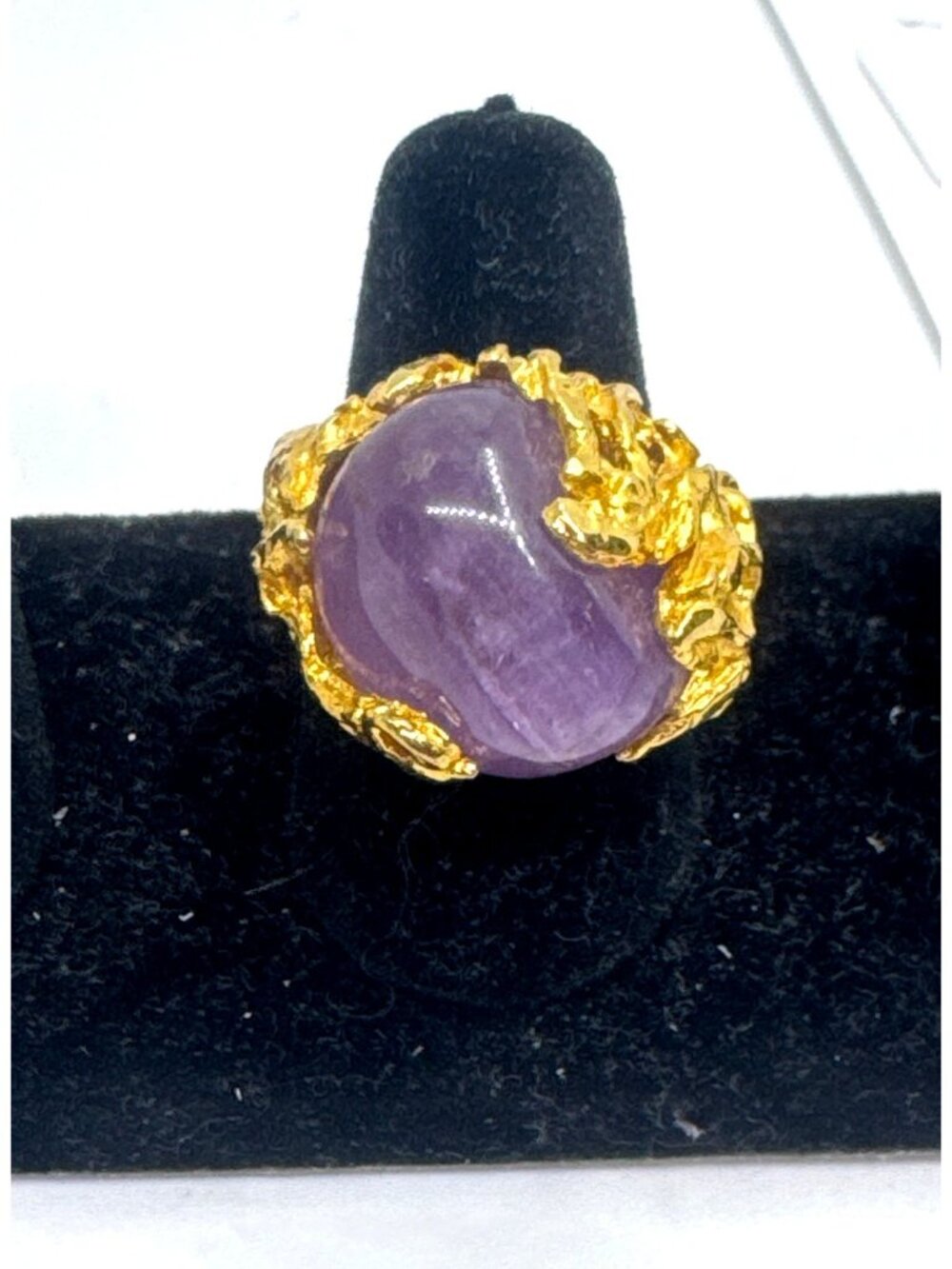 Vintage Brutalist Amethyst Cabochon Gold Plated Statement Ring 8 Cocktail 1970s